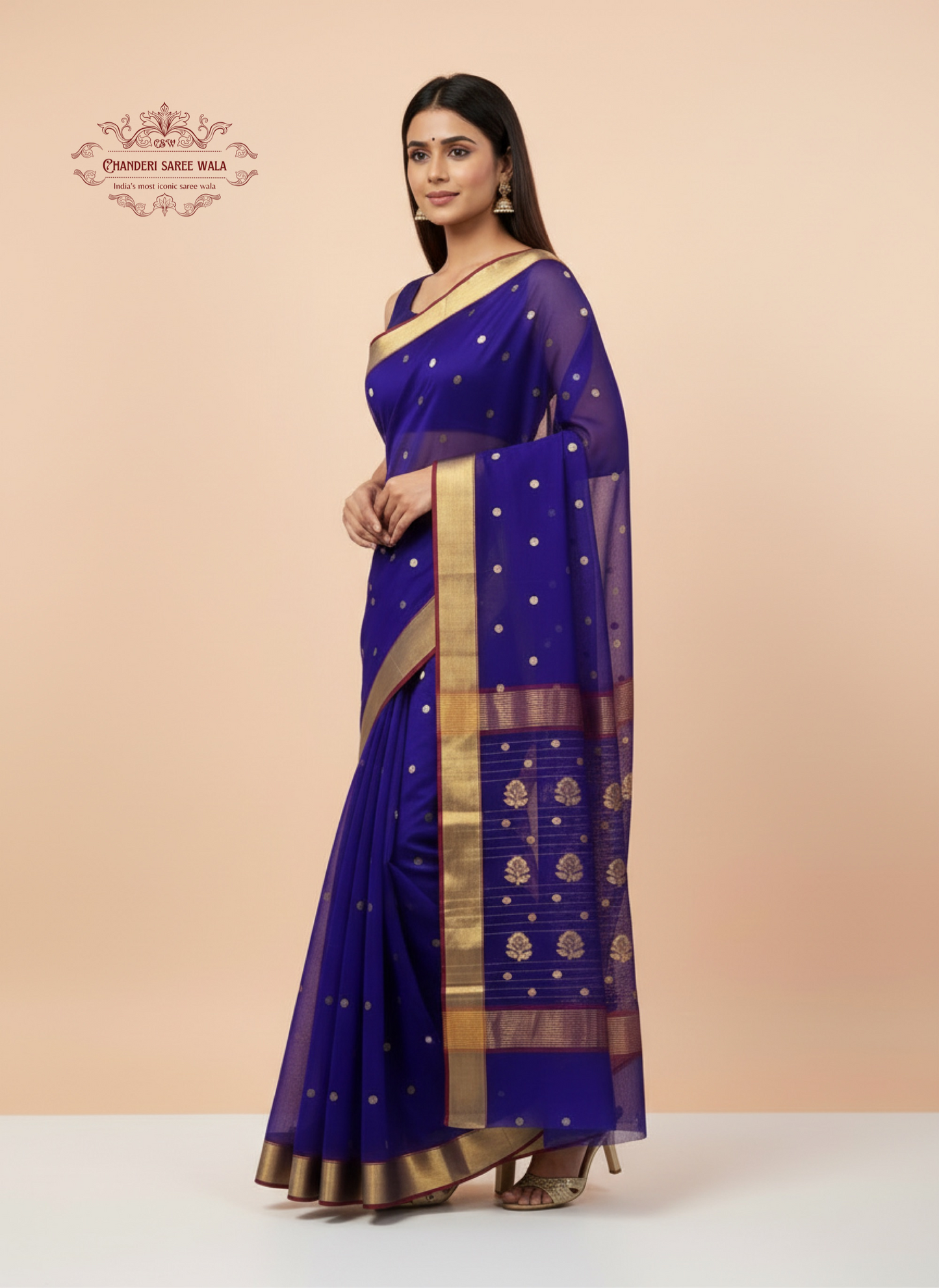 Traditional Blue Chanderi Silk Saree with Gold Motifs