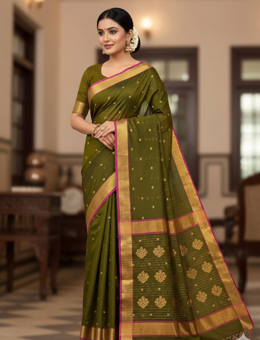 Olive Green Chanderi Katan Silk Saree with Gold Zari