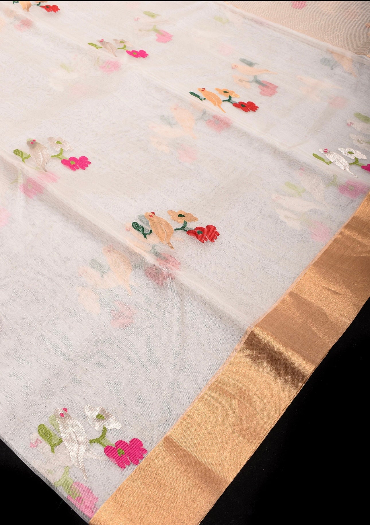 Off white birds motif chanderi saree