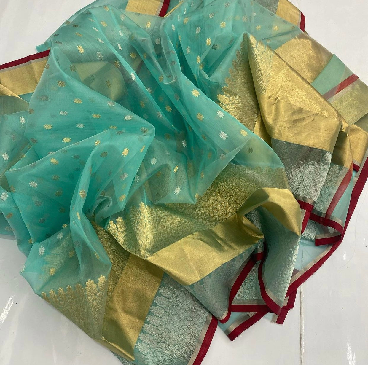 Ocean blue long border silk saree Chanderi saree wala