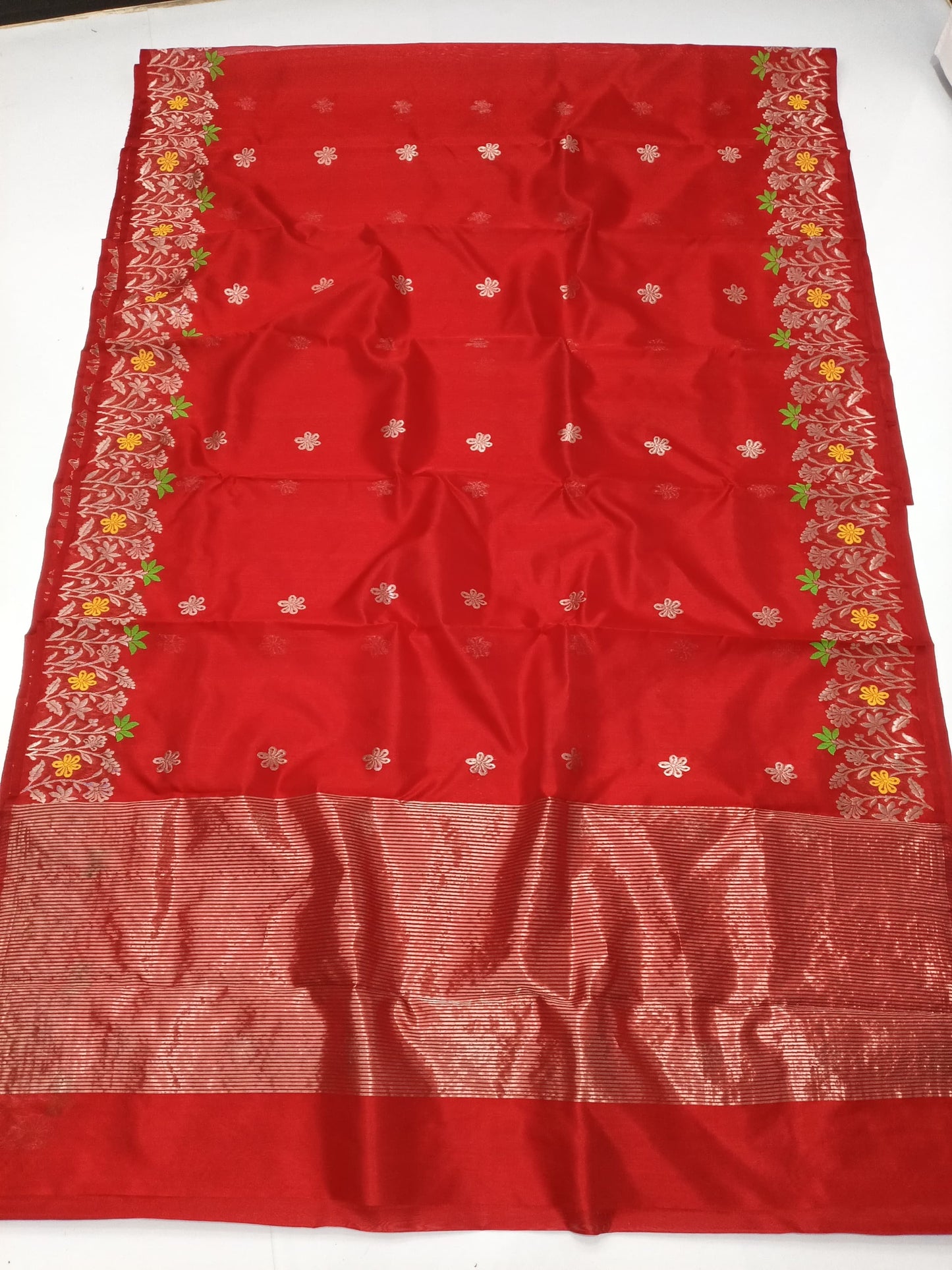 Red mena border pure silk saree