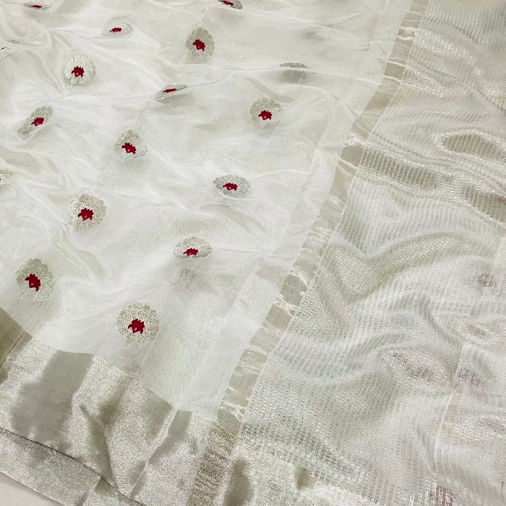 Silver zare border mena motif saree Chanderi saree wala