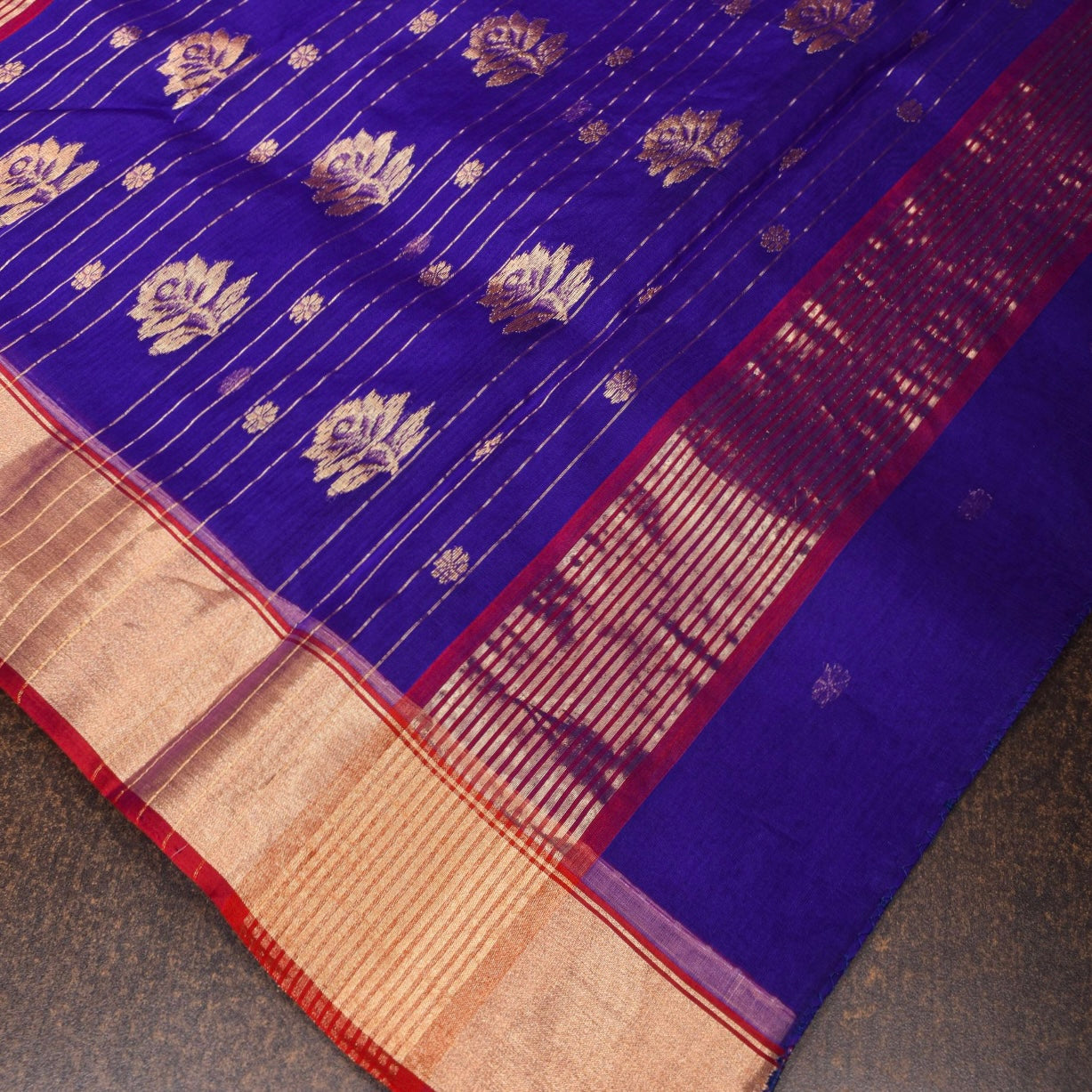 Traditional Blue Chanderi Silk Saree with Gold Motifs