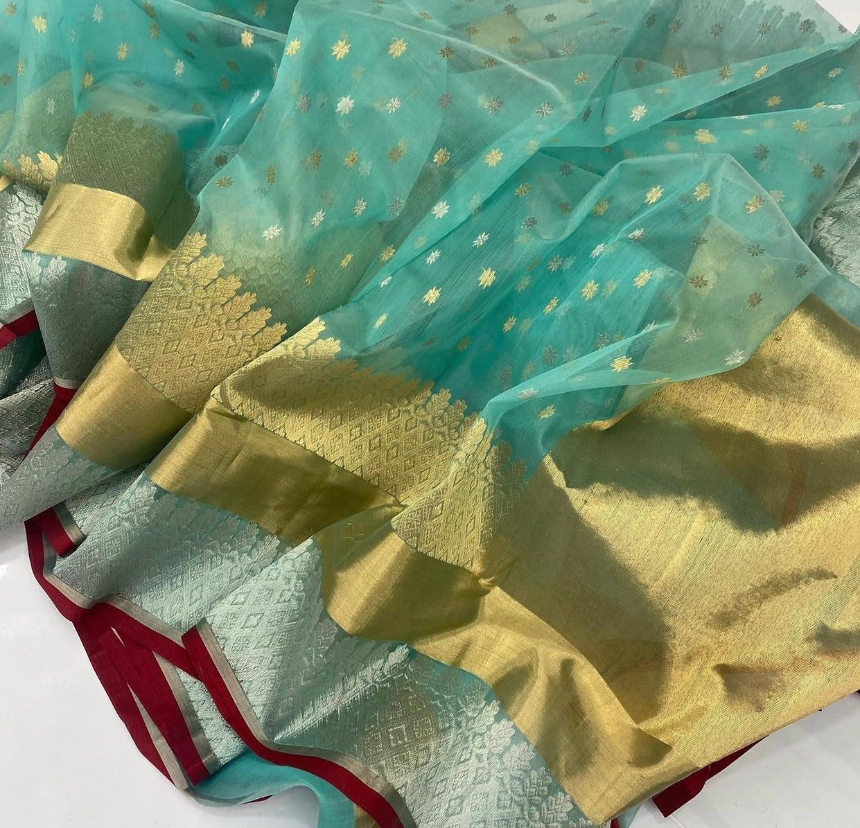 Ocean blue long border silk saree Chanderi saree wala