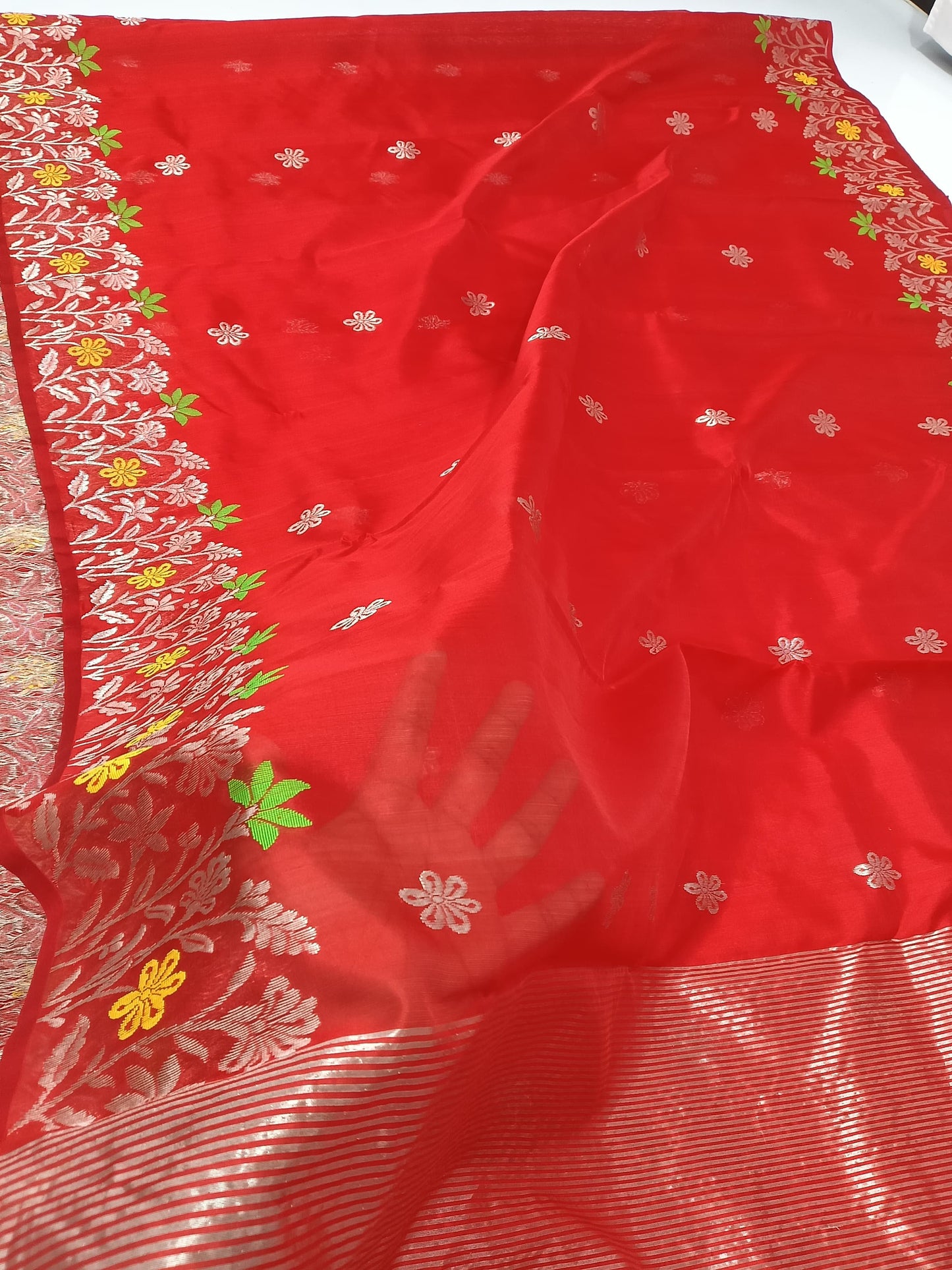 Red mena border pure silk saree
