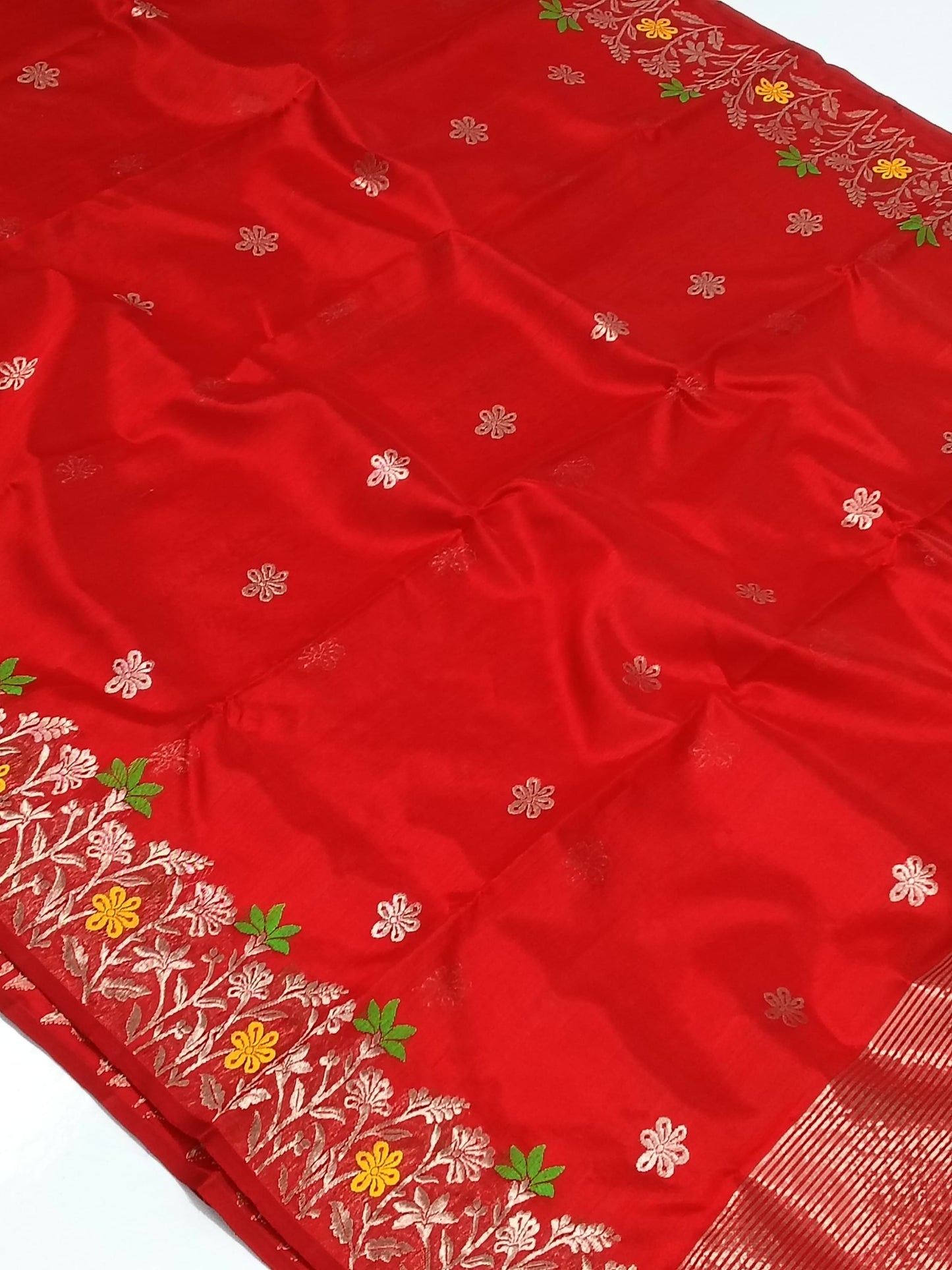 Red mena border pure silk saree
