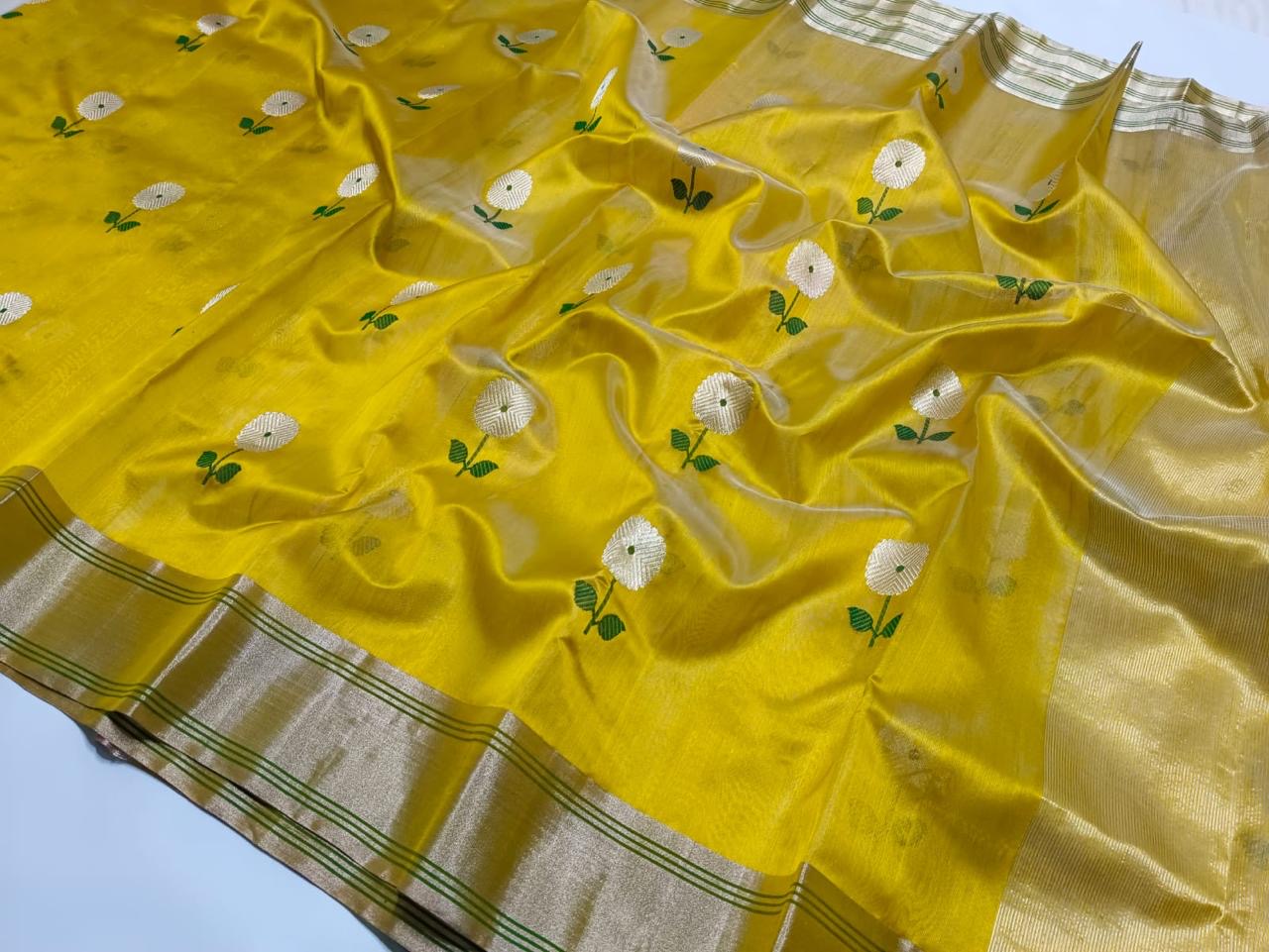 Mustard colour chanderi silk saree|pattu soft silk saree|flower motifs Chanderi saree wala