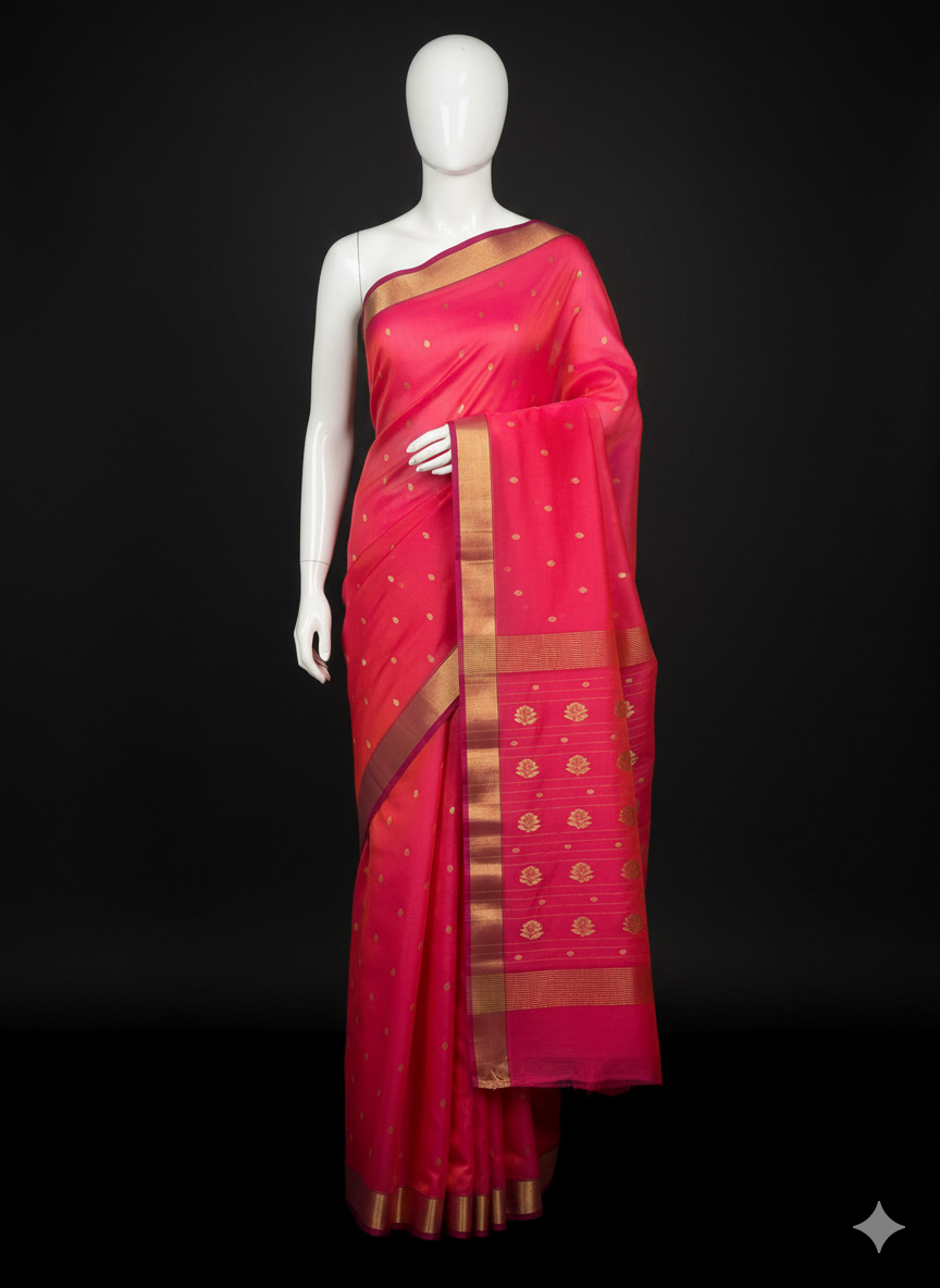 Radiant Pink Chanderi Silk Saree with Golden Accents