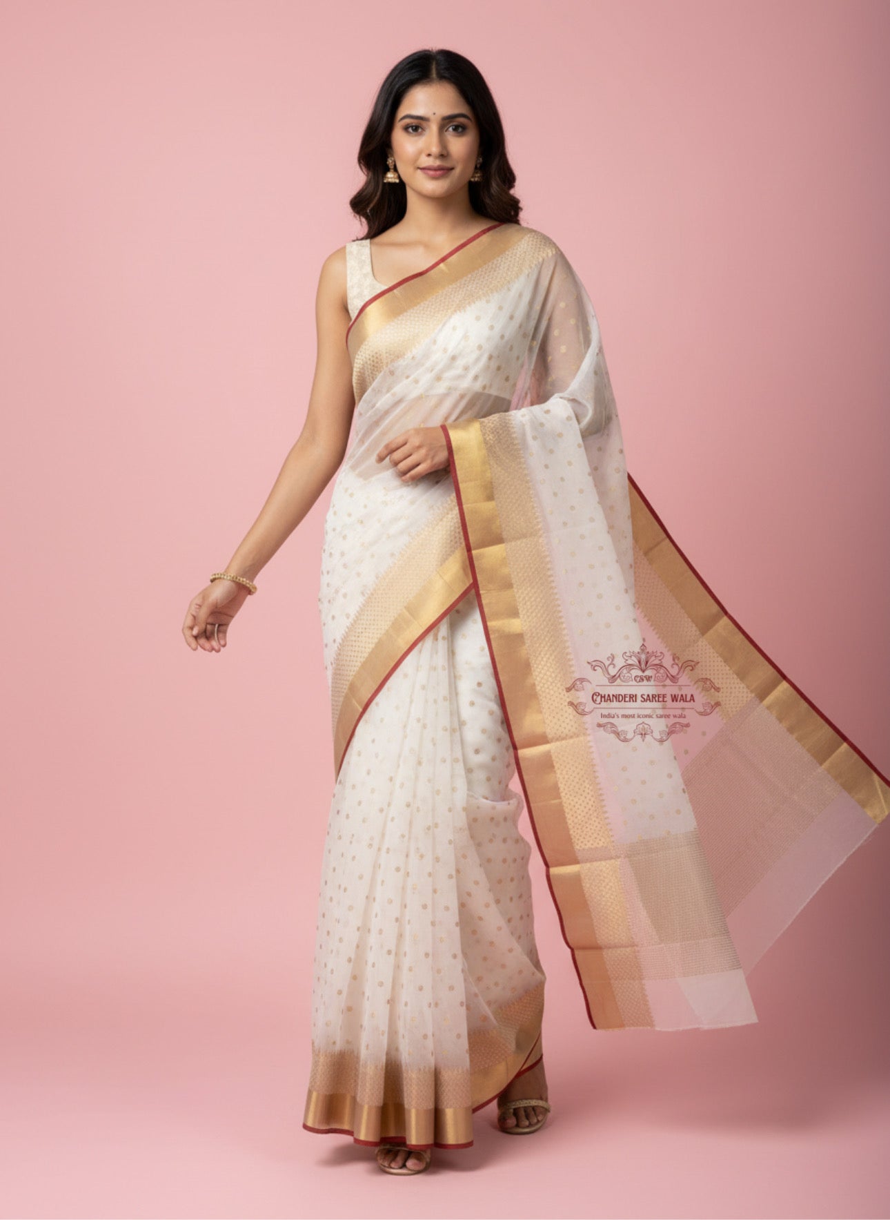 Classic White Chanderi Saree with Golden Zari Border