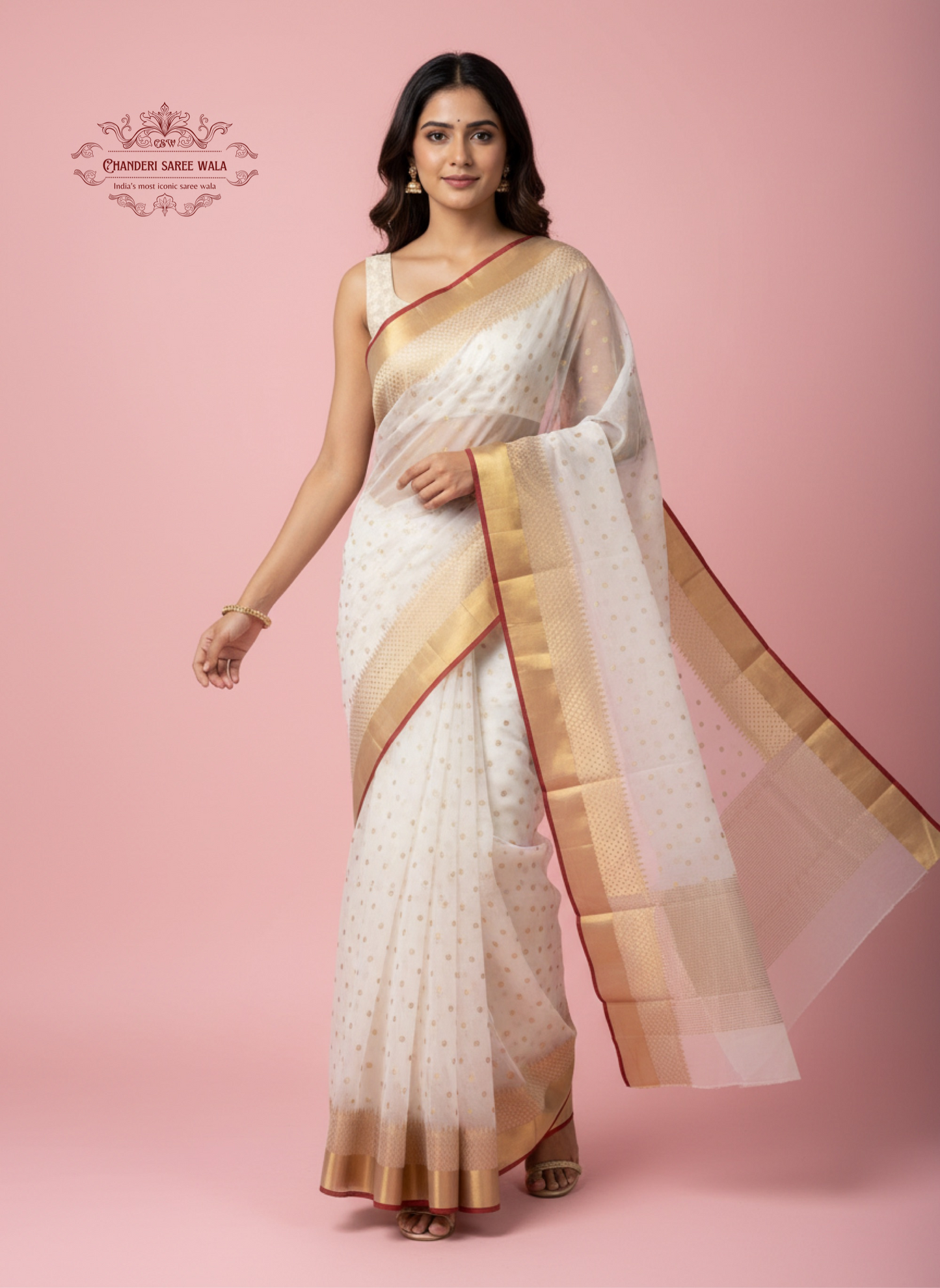 Classic White Chanderi Saree with Golden Zari Border