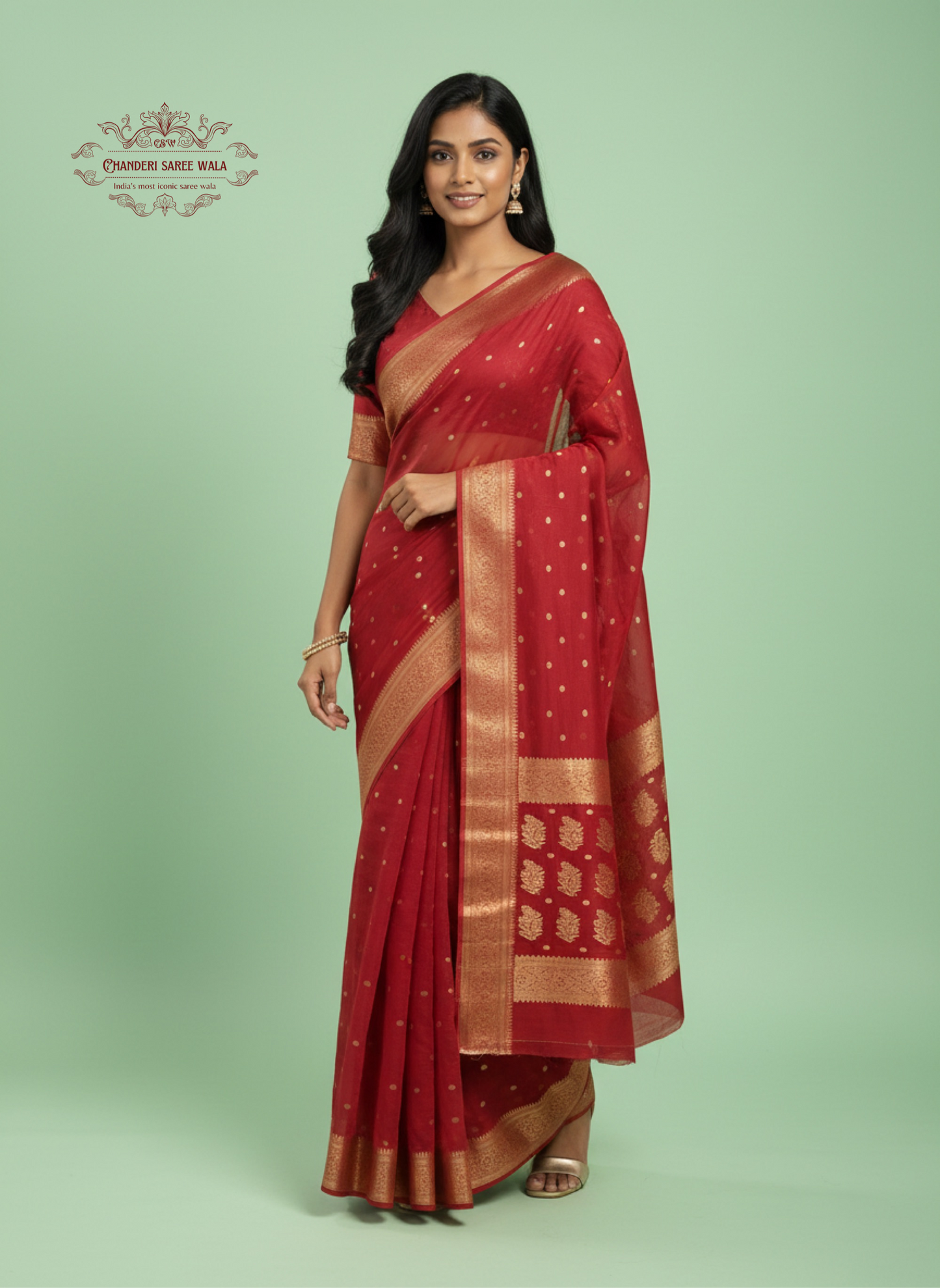 Traditional Red Chanderi Katan Silk Saree – Handwoven Luxury