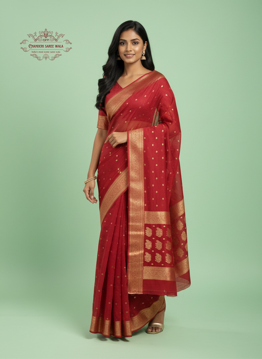 Traditional Red Chanderi Katan Silk Saree – Handwoven Luxury