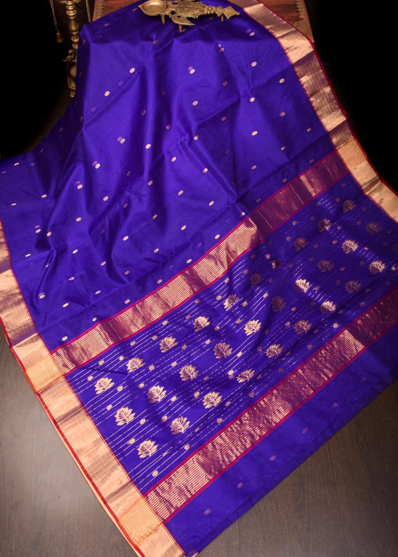 Traditional Blue Chanderi Silk Saree with Gold Motifs